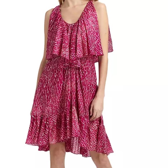 Cynthia Steffe Carey Silk Chiffon Fuchsia Printed Ruffle Lined Dress size 10 - Picture 3 of 15